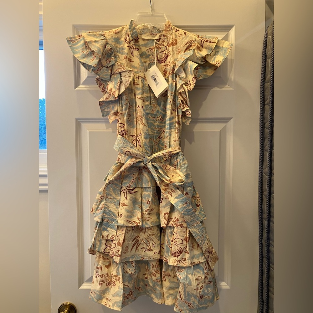 Ulla Johnson Ruffled Mini Dress in Cream and Blue